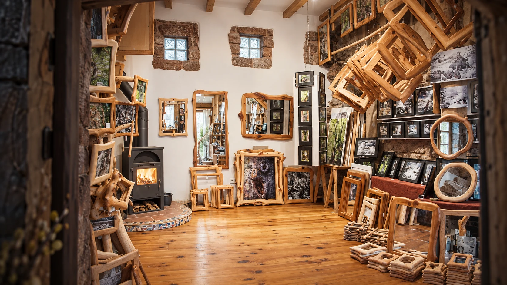 Ein Blick vom Eingang in meine Galerie: Holzofen, Sandsteinfenster und meine Arbeiten.
