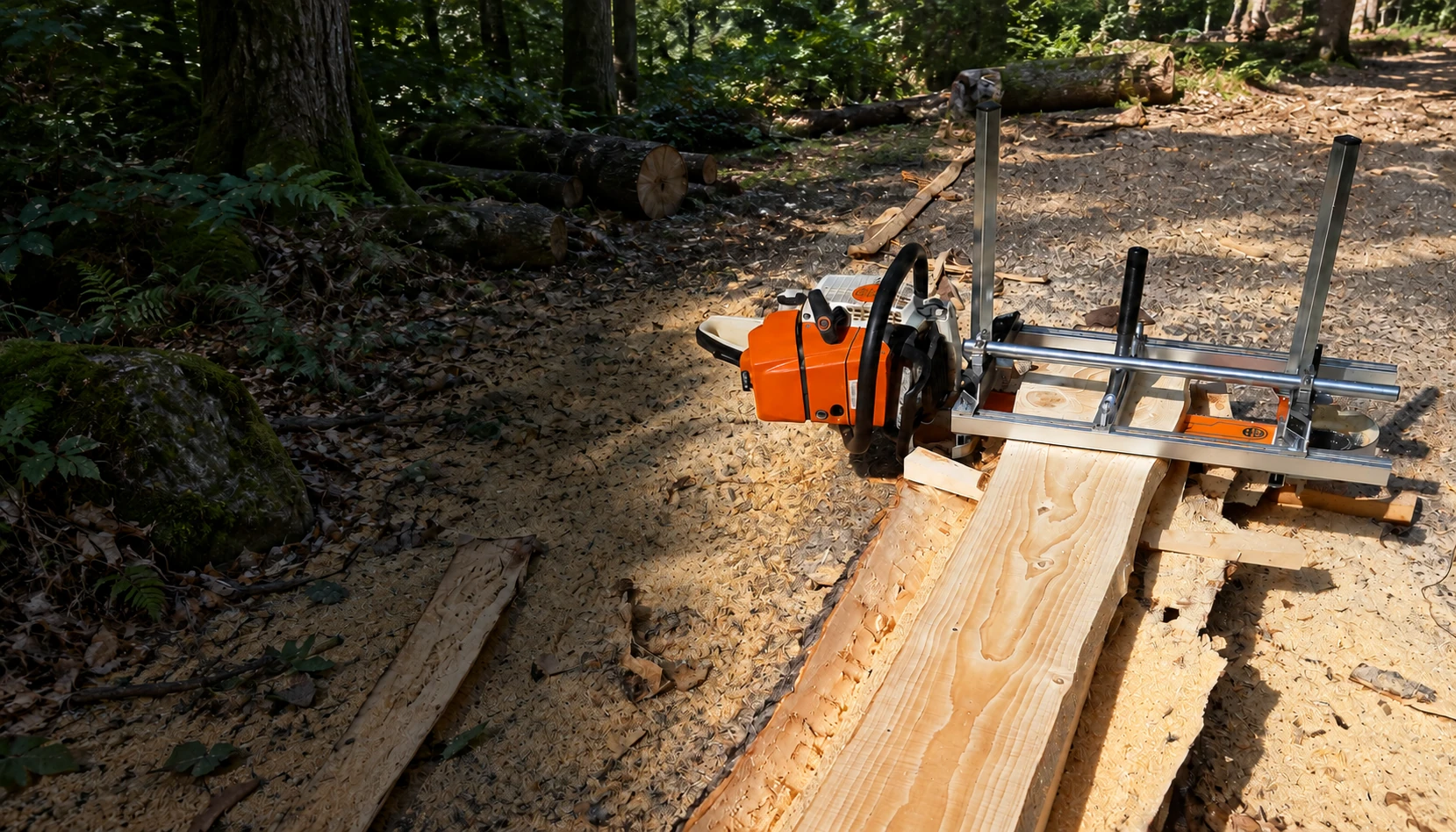 Achims Sägewerk mit der orangefarbenen Säge, dem Führungsgestell und frisch aufgesägtem Holz.