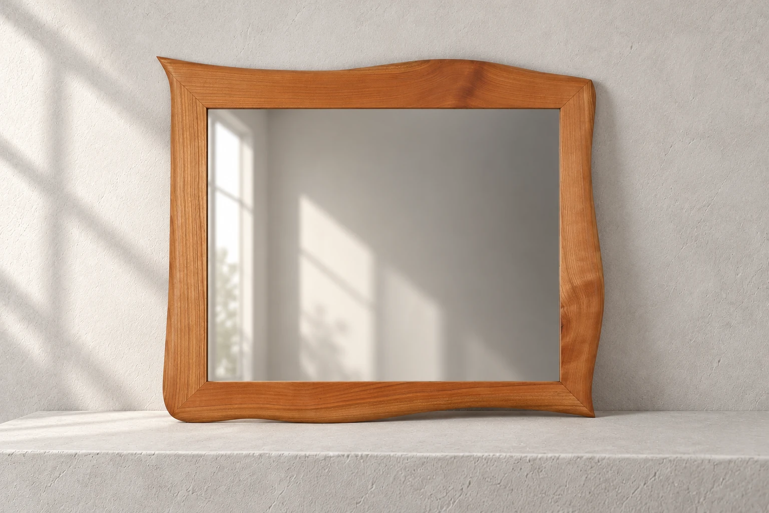 Kirsche · weiter Blick: Spiegel aus Kirsche mit Spiegelfläche 40 × 50 cm auf einem hellen Sims.