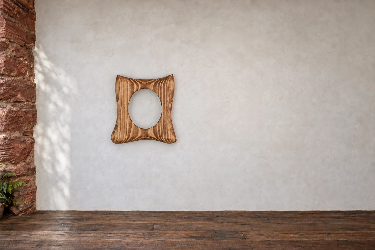 Fichte · Oval mit braunen Streifen. Ein kleines Oval in dunkel lasierter Fichte. Helle und braune Streifen laufen senkrecht durch das Holz. An der Galeriewand.