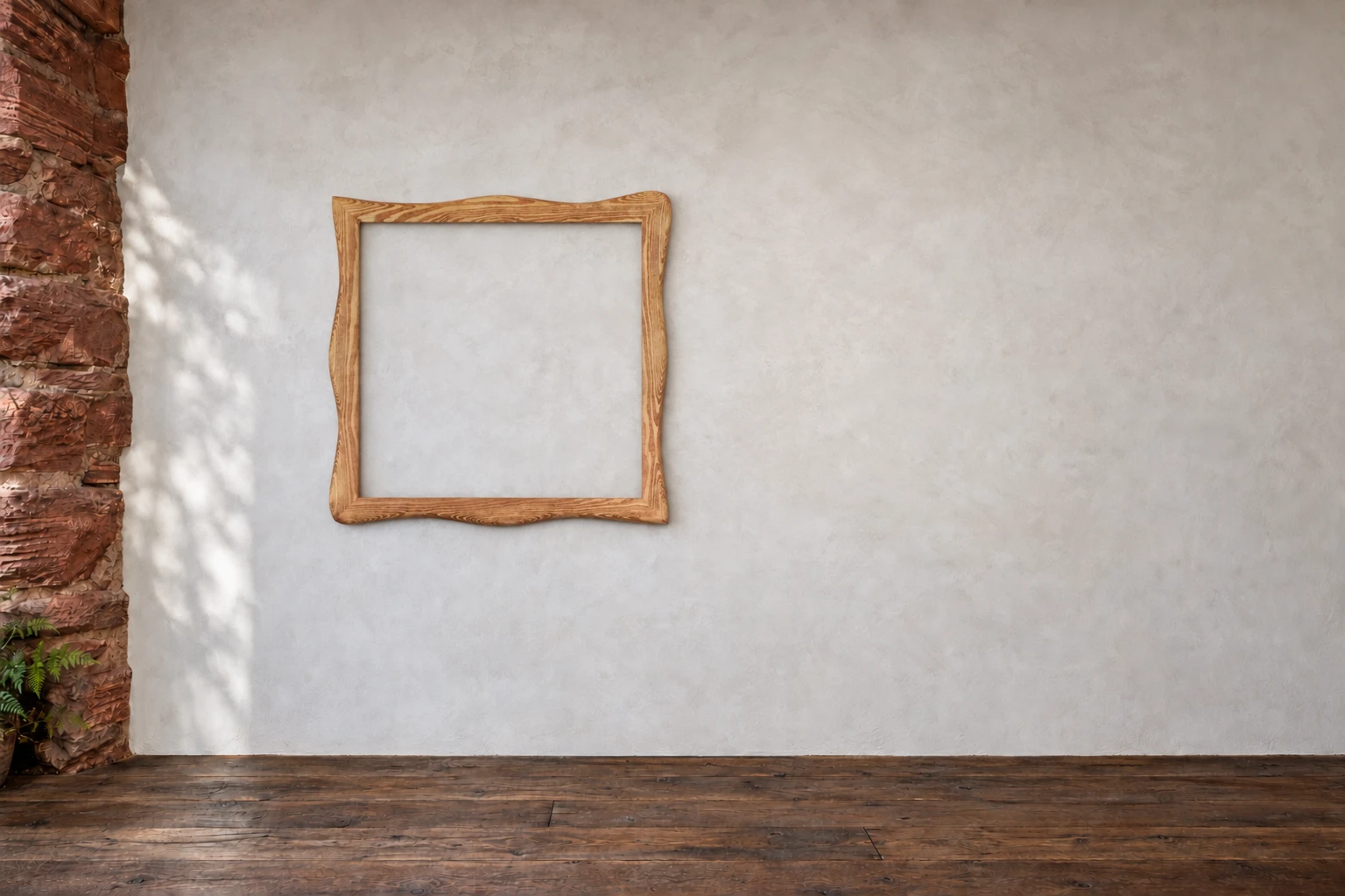 Kiefer · Großes dunkles Quadrat. Ein großes Quadrat mit schmalen, dunkel lasierten Kiefernleisten. Die Außenlinie schwingt leicht um die klare Öffnung. An der Galeriewand.