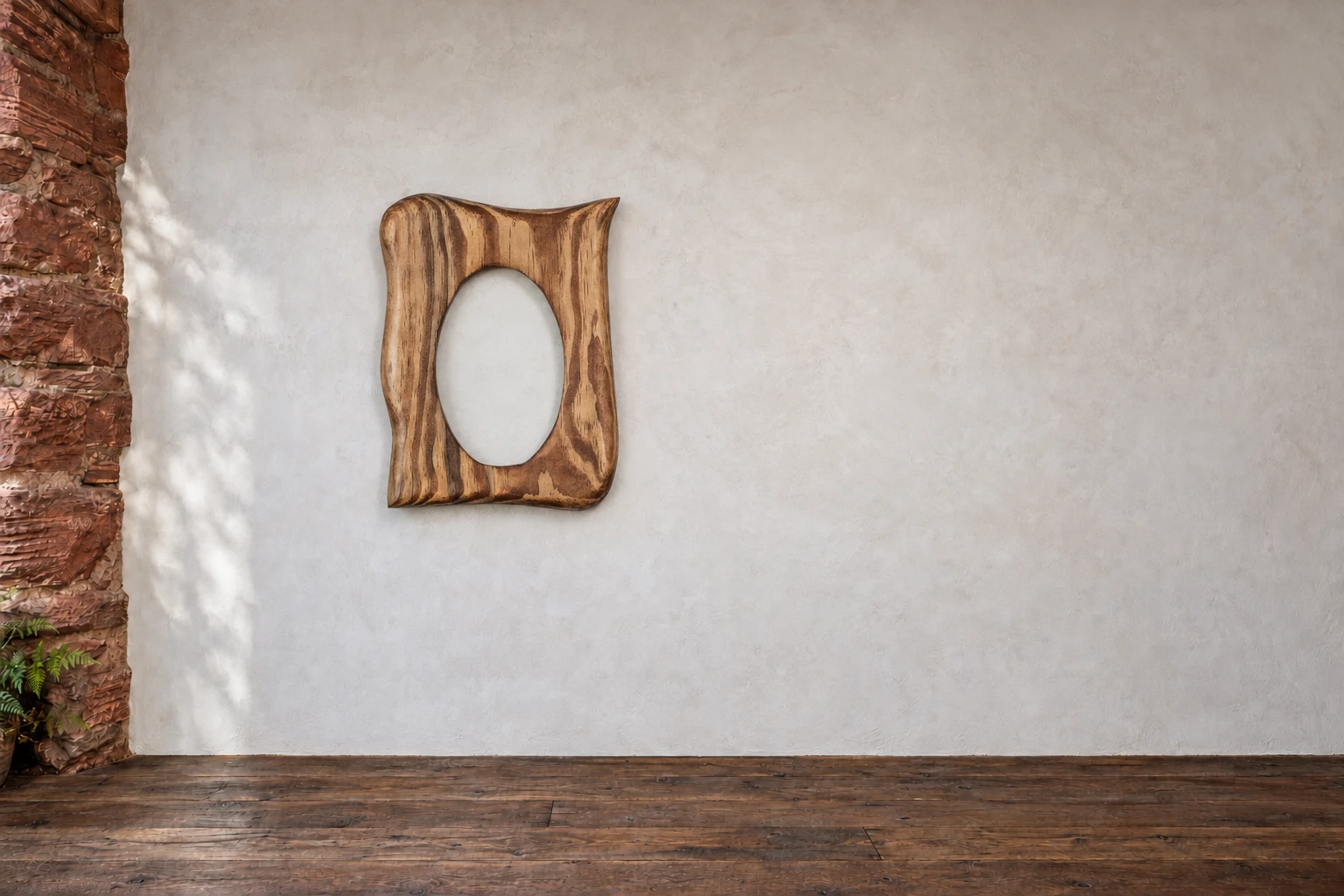 Kiefer · Oval mit breiten Bändern. Breite braune Bänder laufen durch diesen ovalen Kiefernrahmen. Die Lasur macht die Unterschiede im Holz deutlich. An der Galeriewand.