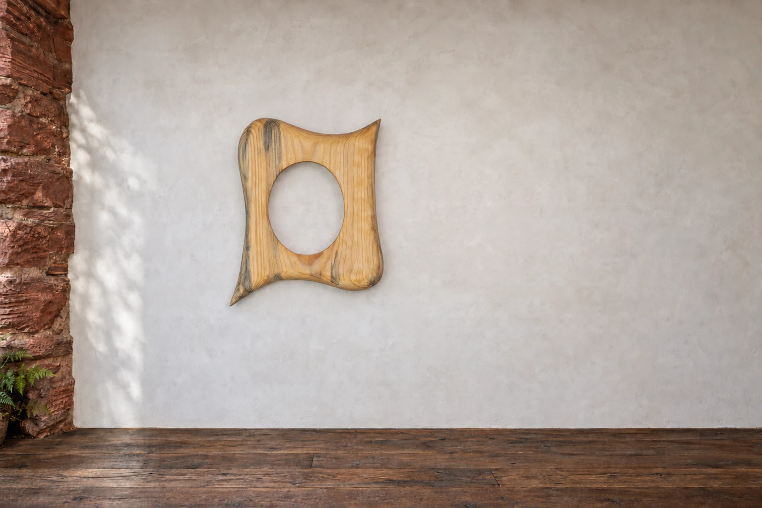 Kiefer · Oval mit grauer Spur. Eine graue Spur zieht sich durch die linke Seite der hellen Kiefer. Die kleine ovale Öffnung liegt ruhig zwischen den feinen Linien. An der Galeriewand.