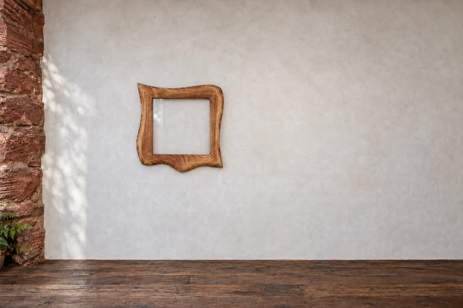Kiefer · Quadrat mit breiter Welle. Unten zieht die Kiefer eine breite Welle. Ich habe diese Rundung ausgearbeitet und die quadratische Bildöffnung darüber ruhig stehen lassen. An der Galeriewand.