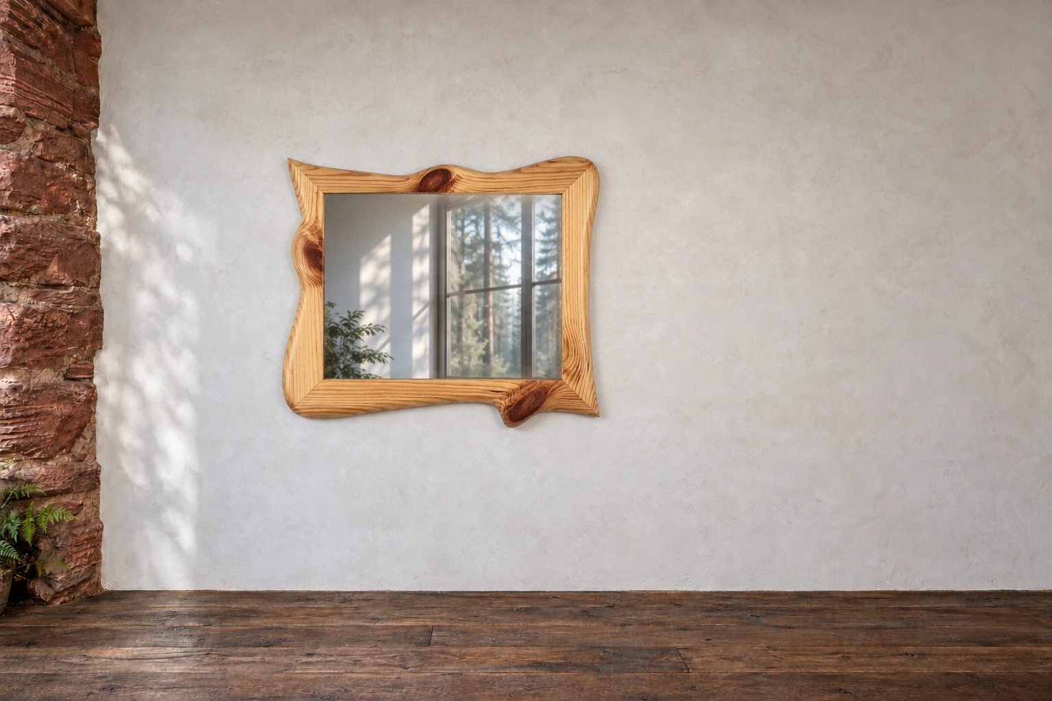 Kiefer · Drei kräftige Äste. Drei kräftige Äste geben diesem Kiefernspiegel seine Richtung. Besonders unten rechts tritt das Holz weit aus der Fassung heraus. An der Galeriewand.