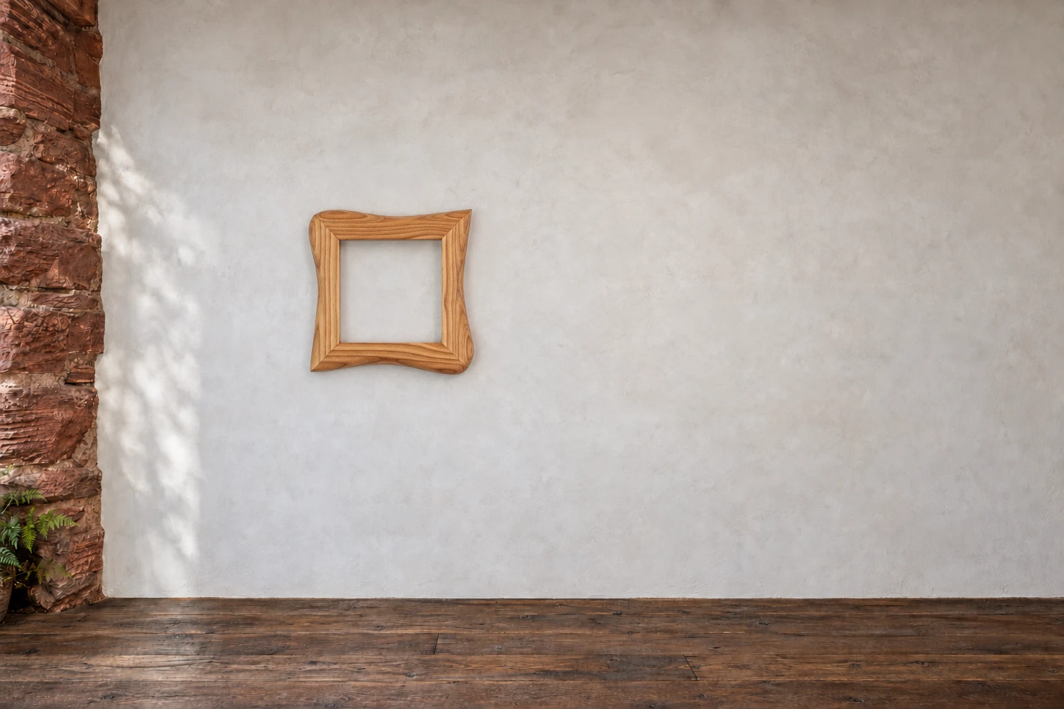 Lärche · Feine Balance. Ein kleines Quadrat aus Lärche, mit feinen Linien und einer leicht eingezogenen Seitenkante. Runde und spitze Ecken wechseln sich ab. An der Galeriewand.